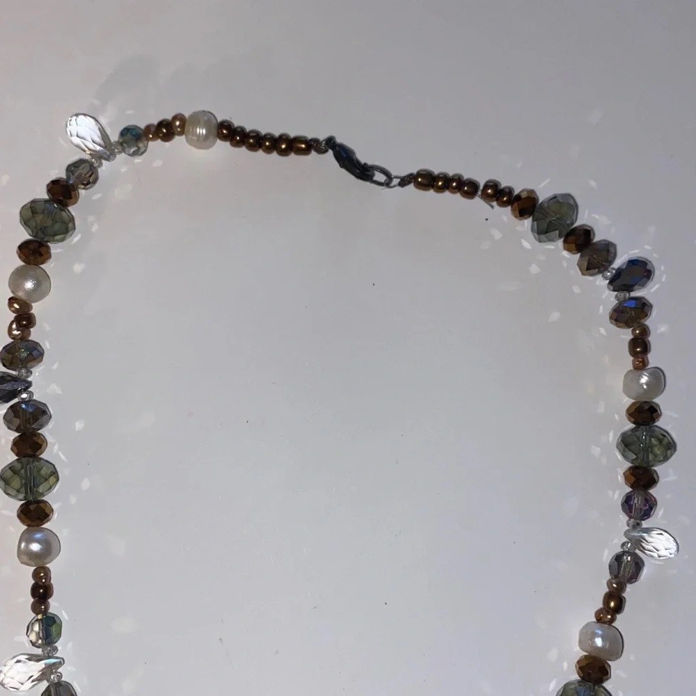 Beaded Necklace Featuring Grey, Brown and White Beads Including Pearls 17” L